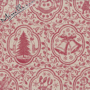 Látka MODA French General Favorites Joyeux Noel lněná smetanová s červeným motivem