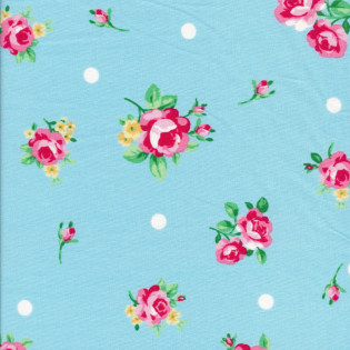 Látka Lecien Flower Sugar - modrá s růží a puntíkem