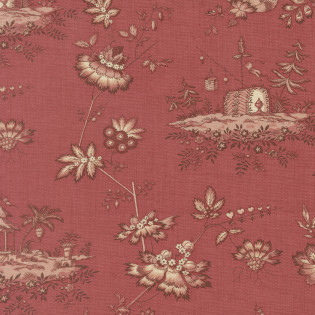 Látka MODA FG - Fleur De Paris - červené květy s altánkem na červené