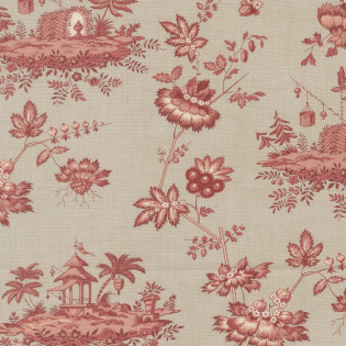 Látka MODA FG - Fleur De Paris - červené květy s altánkem na šedo/hnědé