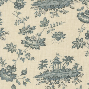 Látka MODA FG - Fleur De Paris - modré květy s altánkem na smetanové